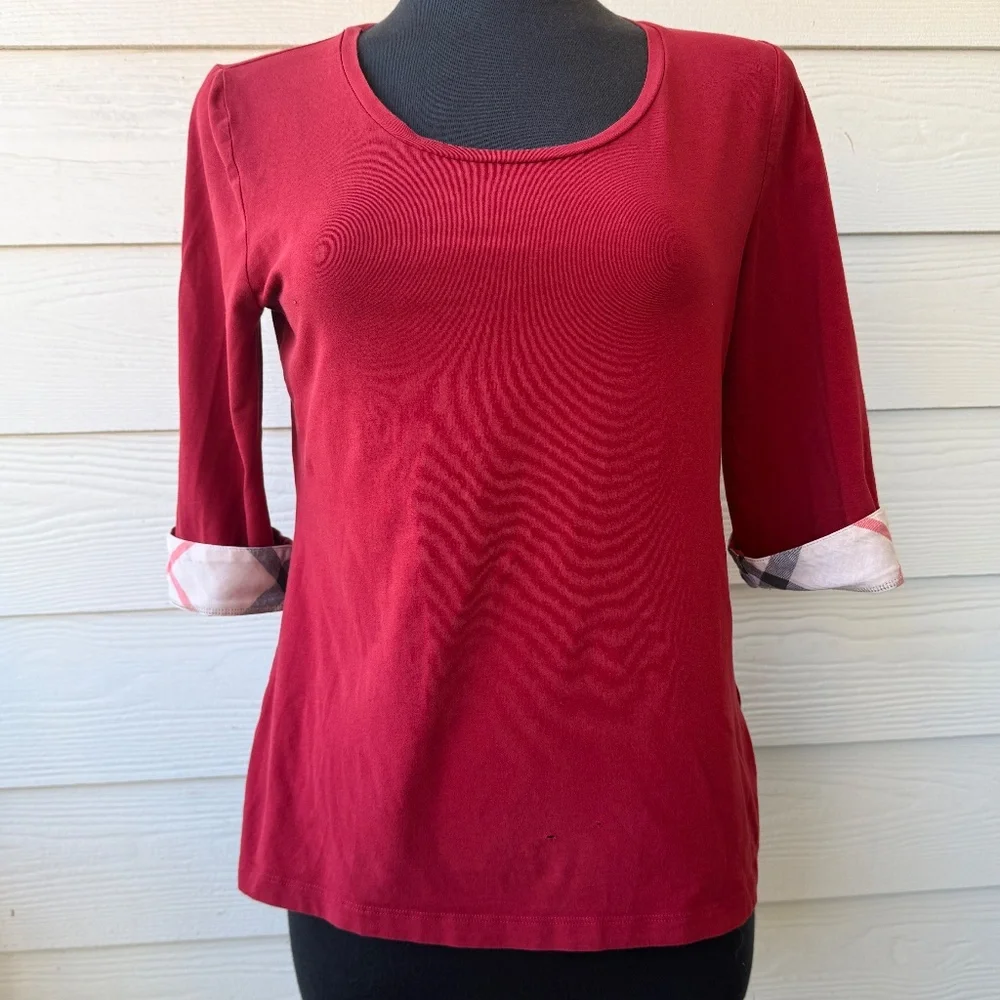 Burberry Red Top with Plaid Cuffs - Picture 2 of 11
